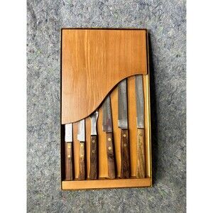 HouseHold Japan Knife Set Surgical Stainless Steel Vintage Wooden Case 6 Pcs